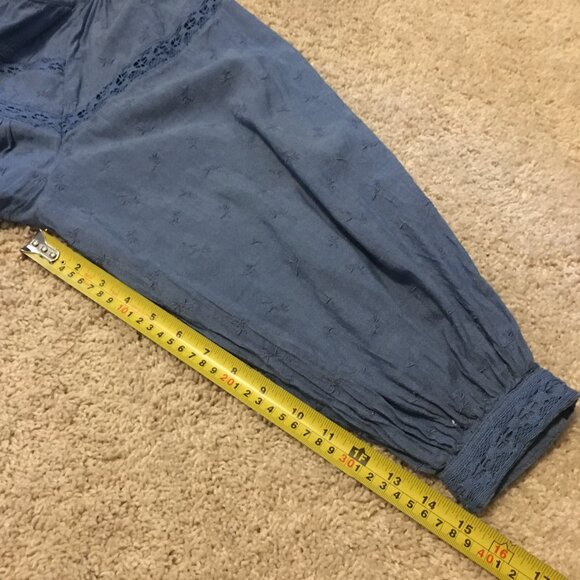 Blue Plentiful Pleats Billowing Sleeve Lace and Floral Texture Button Up Blouse - Picture 16 of 16